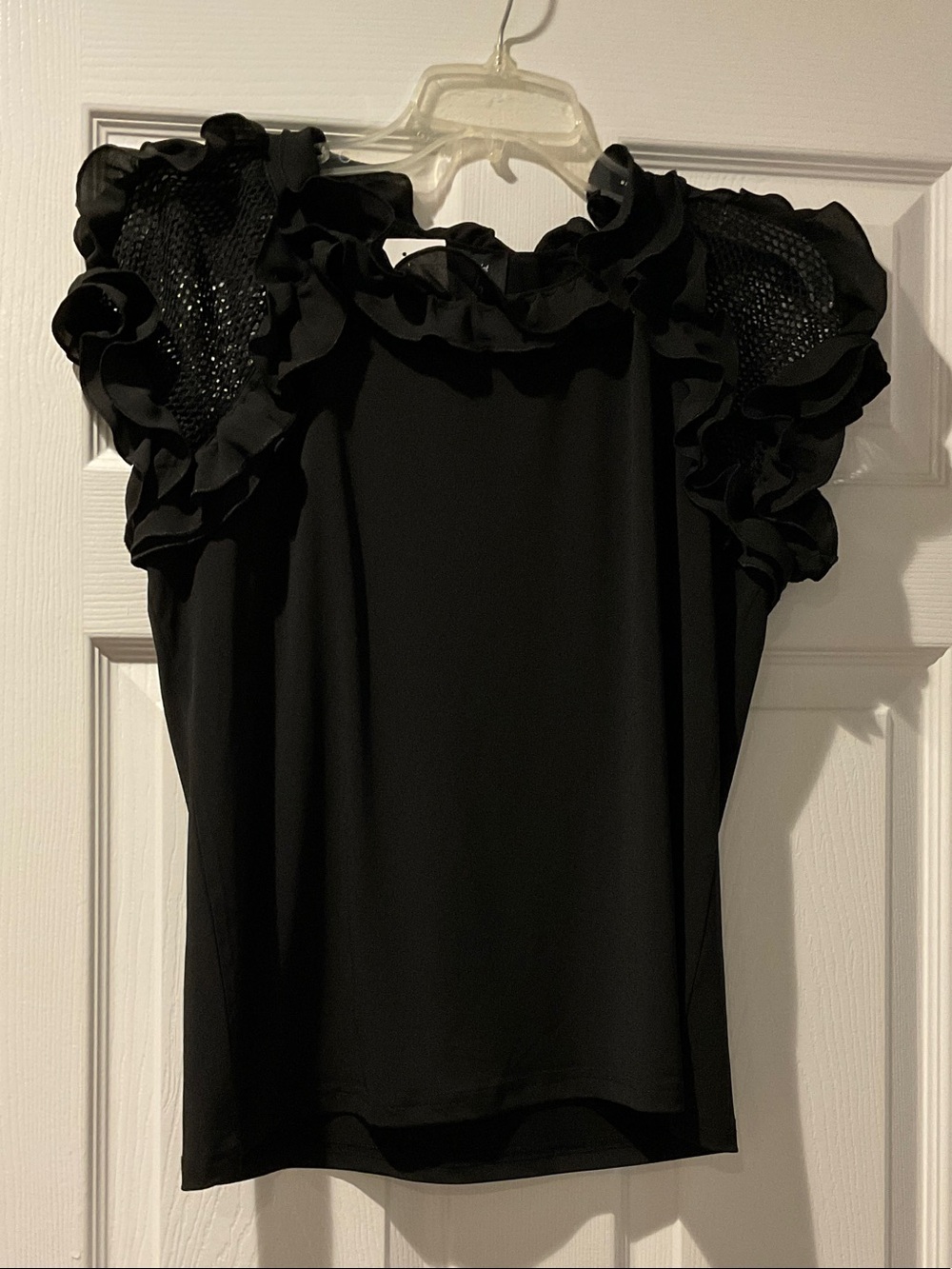 Black Ruffle Sleeve Blouse with Mesh Detail